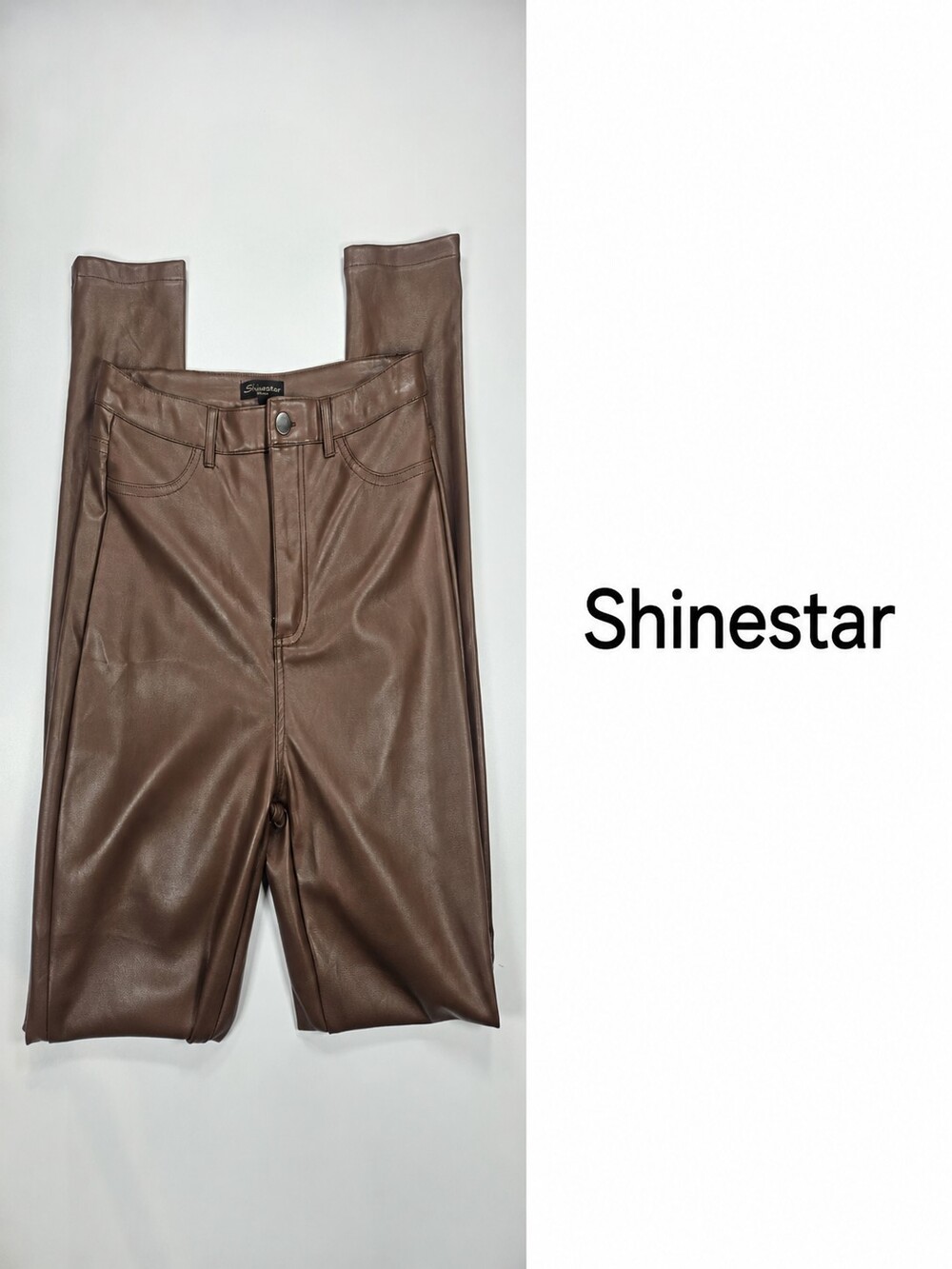 Shinestar Brown Faux Leather High Rise Pants – Size M